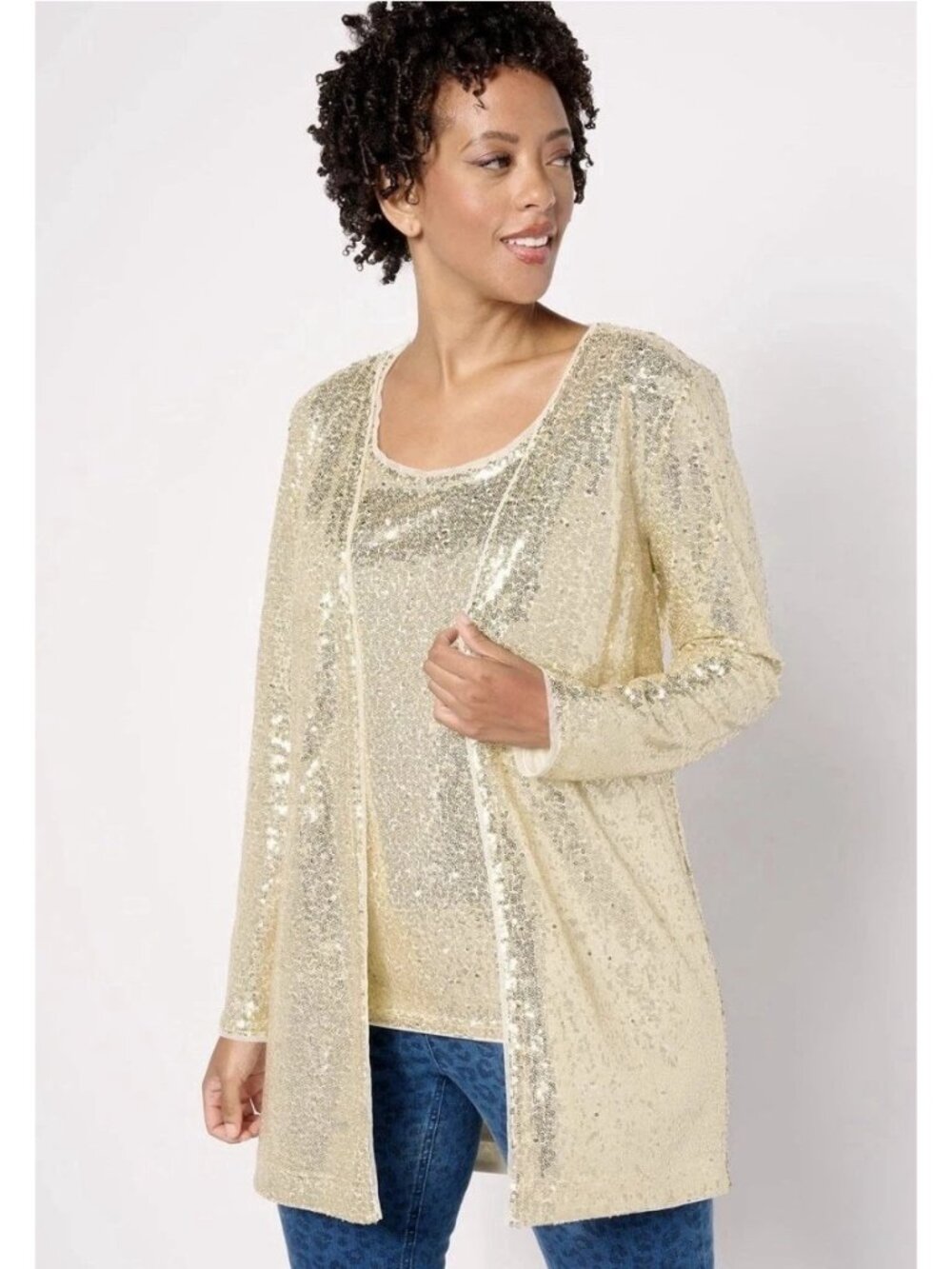 Isaac Mizrahi Live! Sequin Cardigan Medium Long Sleeve Champagne Evening Wear